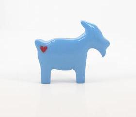 Clay Sculpted Blue Goat Figurine with Red Hearts