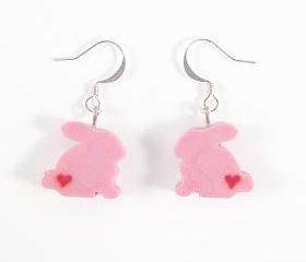 Clay Sculpted Pink Bunny Earrings with Hearts