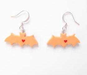 Clay Sculpted Orange Bat Earrings with Hearts