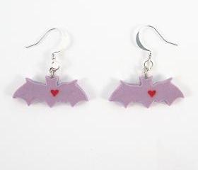  Clay Sculpted Purple Bat Earrings with Hearts 