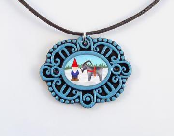 Tomten and Yule Goat Cameo Pendant and Brown Cord Necklace